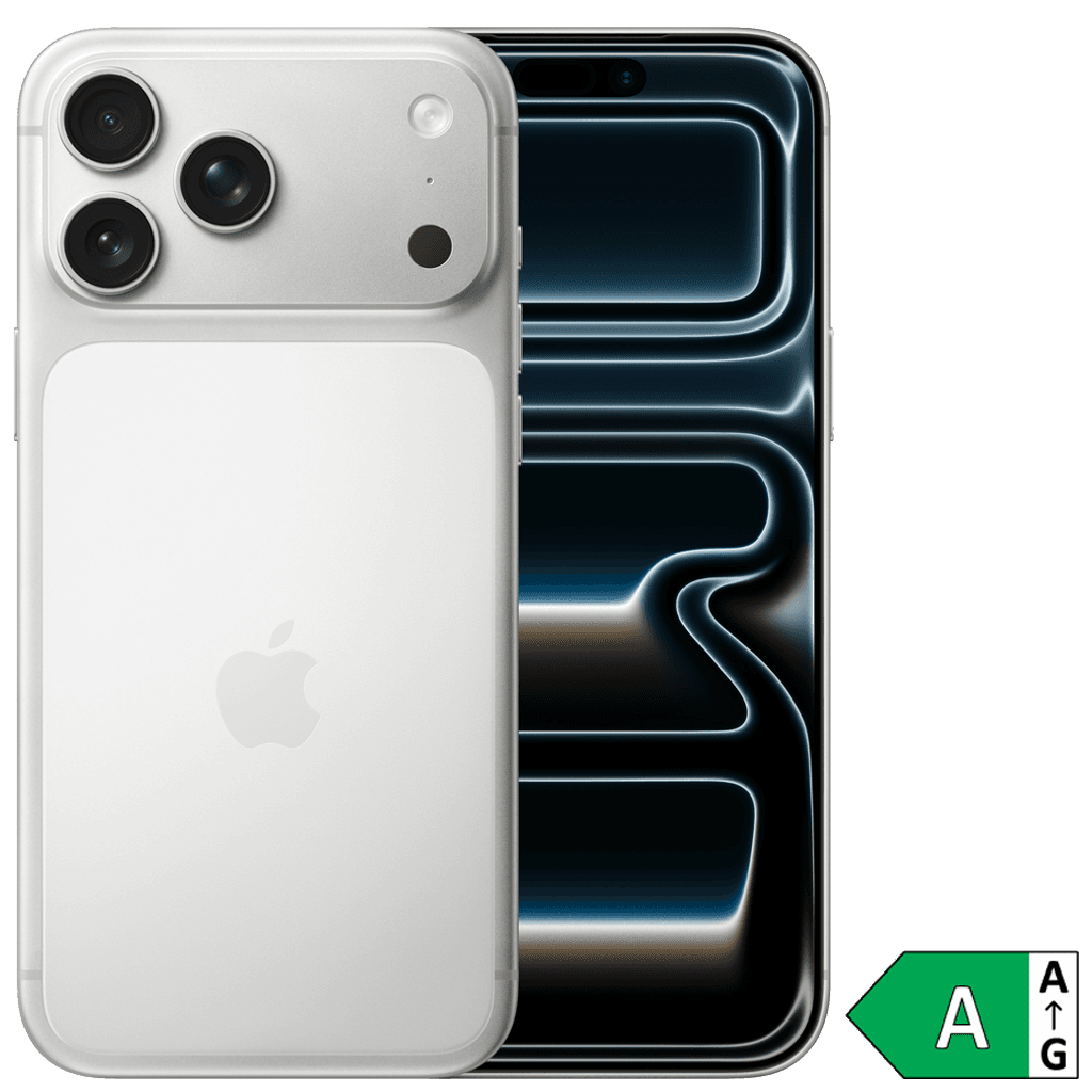 Apple iPhone 17 Pro Max i silver, fram- och baksida, energiklass A