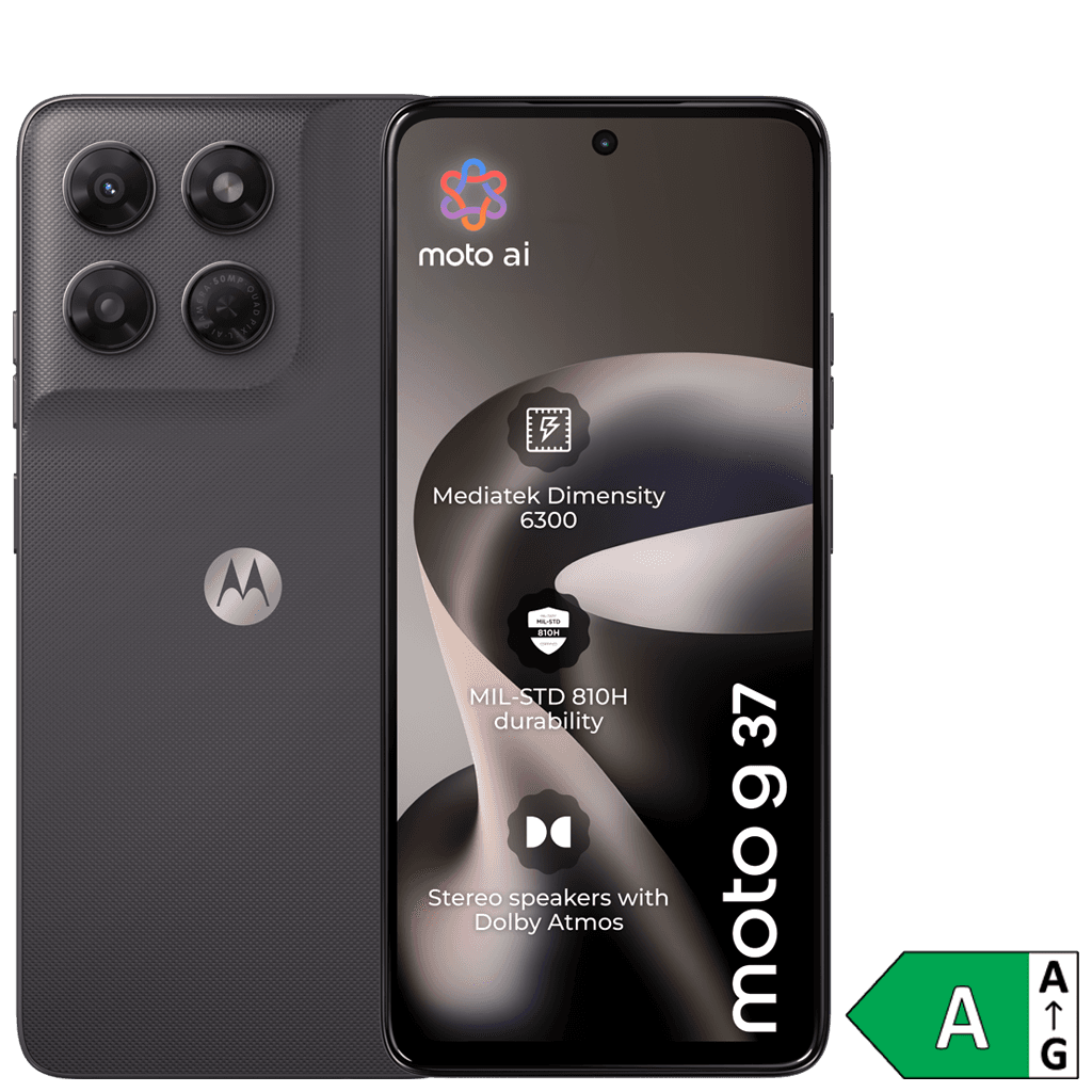 Motorola g37 i grått, fram- och baksida. Energimärkning A