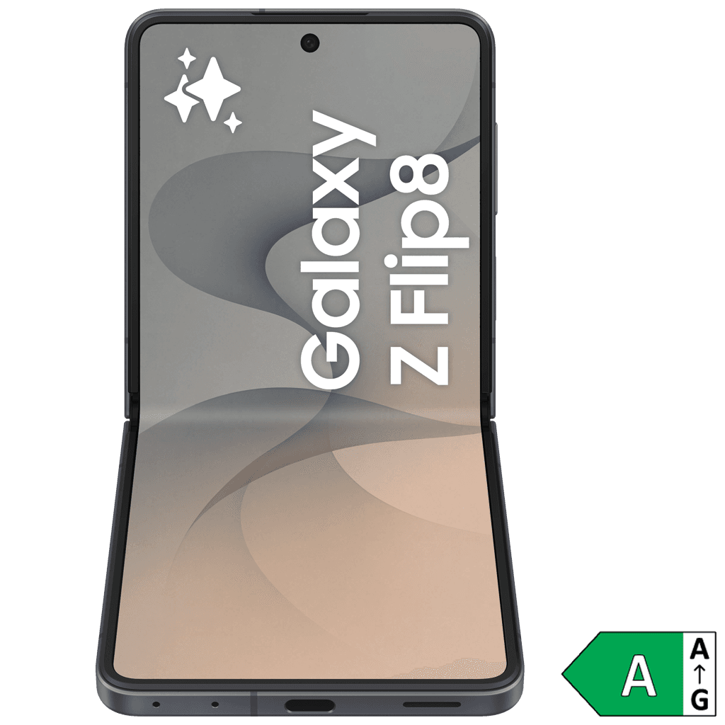 Samsung Galaxy Z Flip8 i grafit, framsida halvöppen med energimärkning