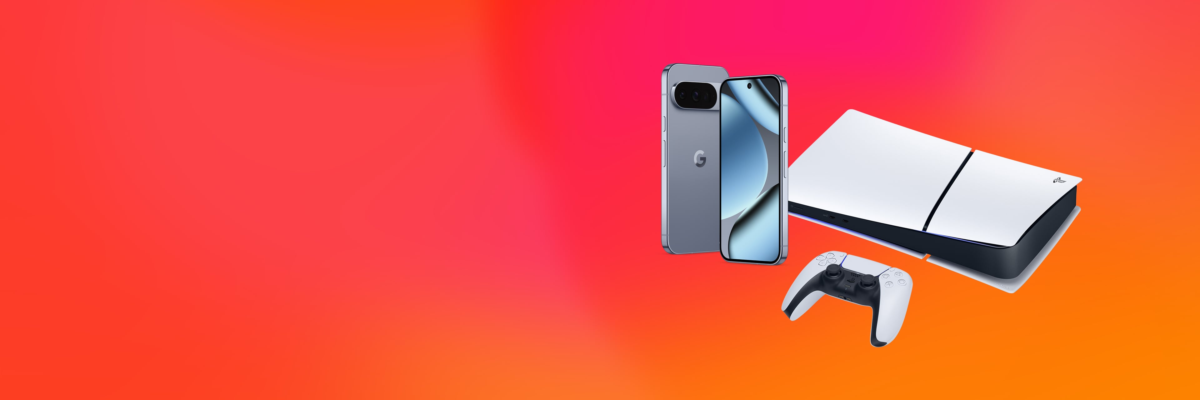 Smartphone, spelkonsol och handkontroll på en orange och rosa bakgrund.